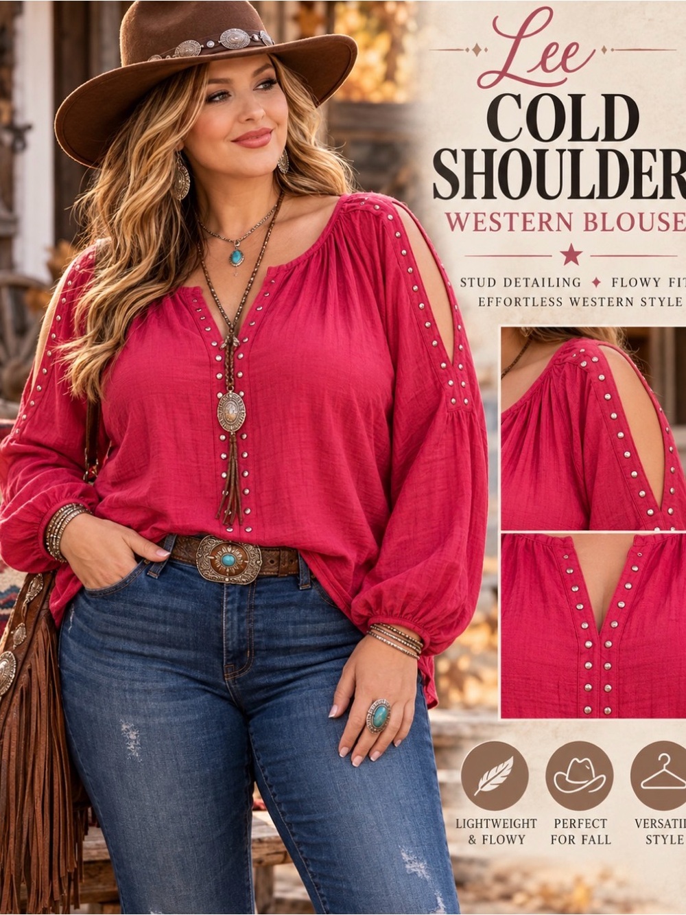 Lee -plus size -Fuchsia- Boho - cold shoulder Blouse with Stud Accents